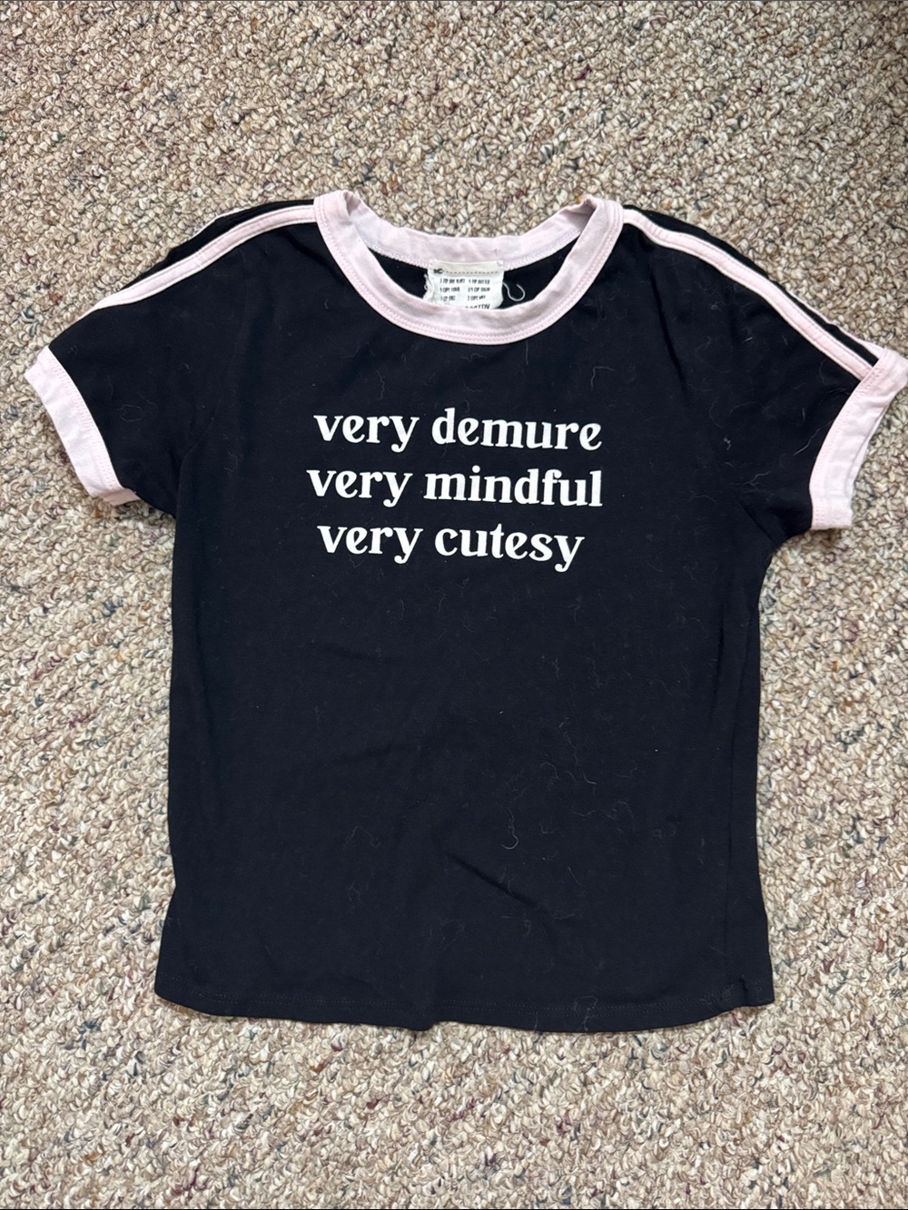 Black Tee with Pink Trim - 'Very Demure' Graphic